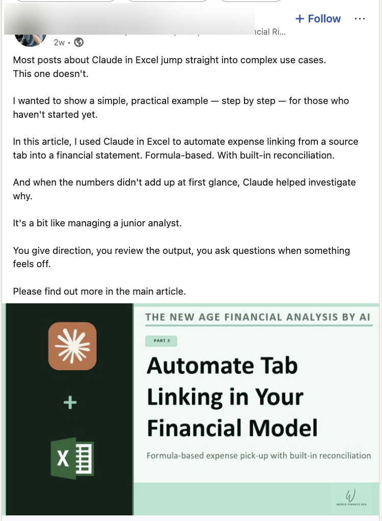 LinkedIn post about automating finance workflows with Claude