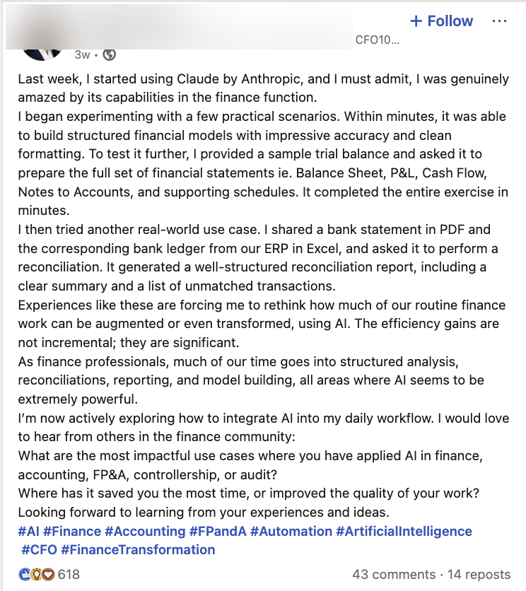 LinkedIn post about using Claude for financial models and reconciliation